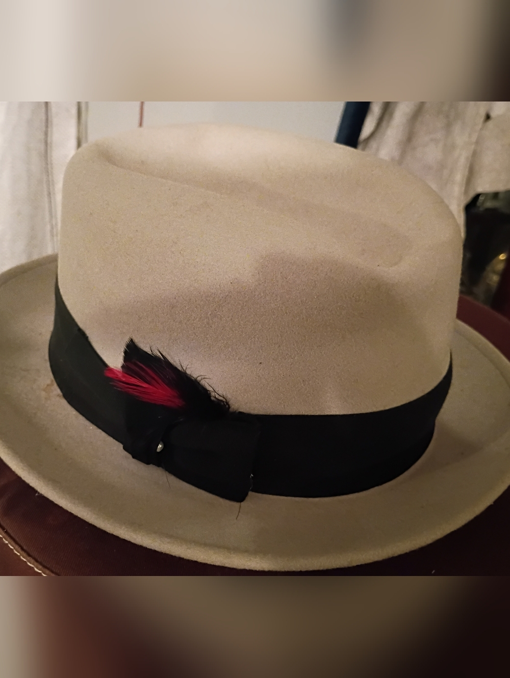 Classic Men's Fedora Hat with Black Band and Red Feather